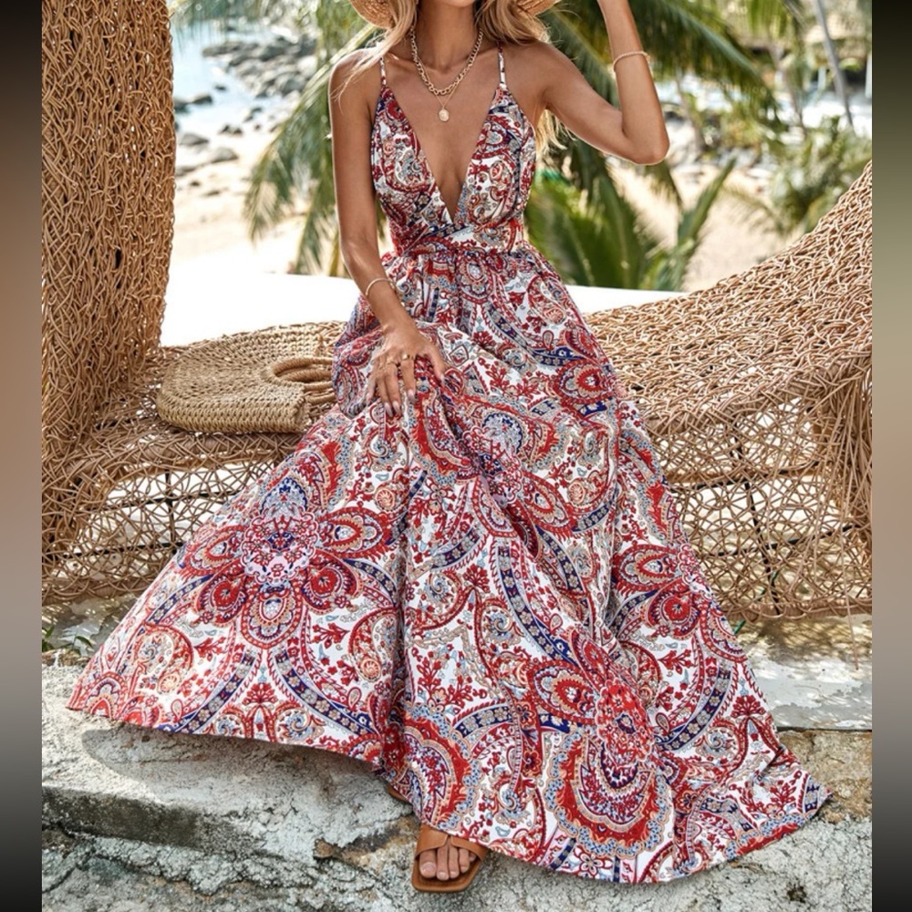 Boho floral paisley print crisscross open back maxi dress
